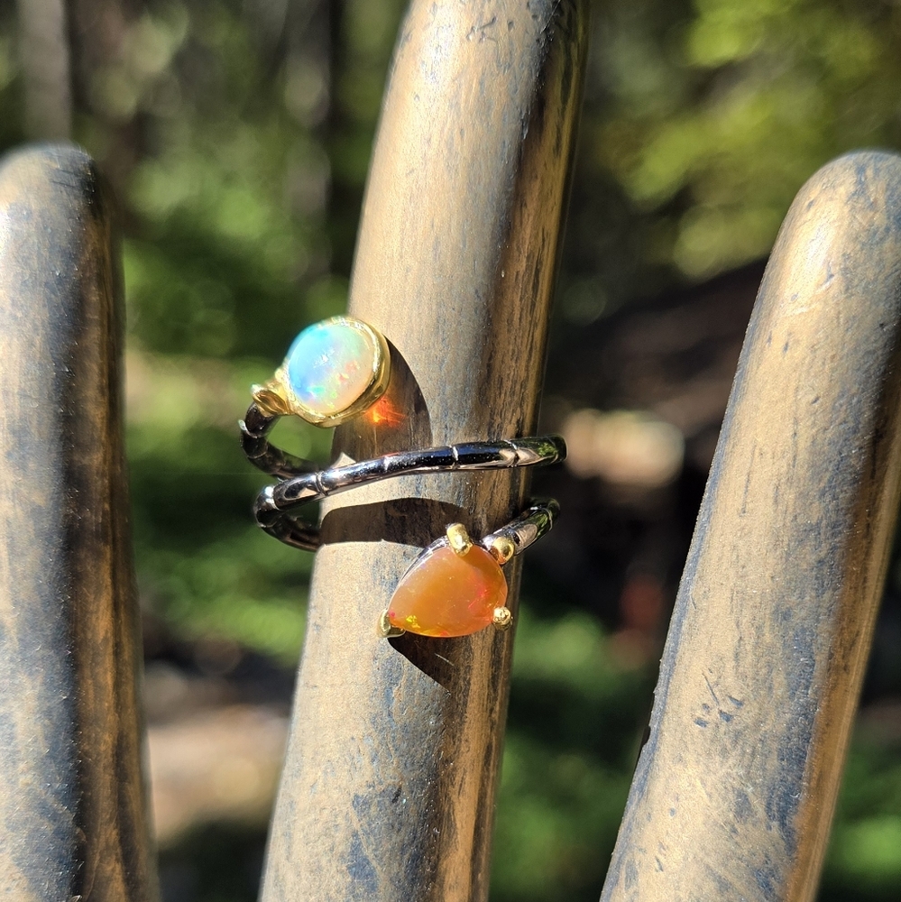 Opal Natural Gemstone Fire & Crystal Opal Snake Sterling Rhodium & Gold Ring Sz7 - Picture 7 of 10